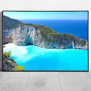 Stampa artistica da parete "Zante Shipwreck Island", splendida fotografia greca incorniciata.