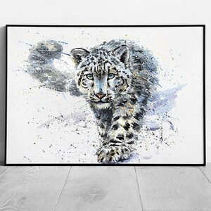 Stampa artistica da parete con illustrazione di animali selvatici a caccia di leopardo delle nevi, su carta, con cornice.