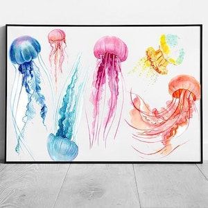 Meduse colorate illustrate che nuotano con grazia intorno alla vita marina, stampa artistica su carta con cornice.