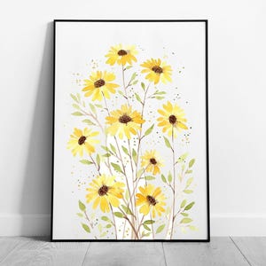 Delicati fiori gialli, illustrazione ad acquerello: stampa artistica da parete con fiori primaverili incorniciati su carta
