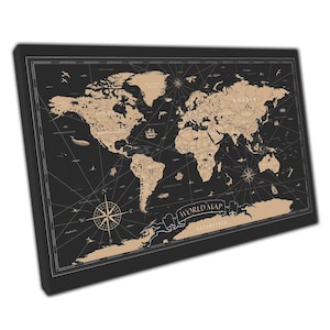 Elegante stampa su tela con mappa del mondo vintage: decorazione da parete in nero e oro per la casa e l'ufficio