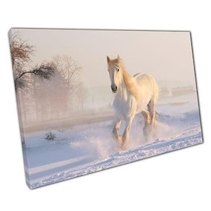 Toile cheval blanc au galop dans la neige, prête à accrocher, décoration de bureau à domicile