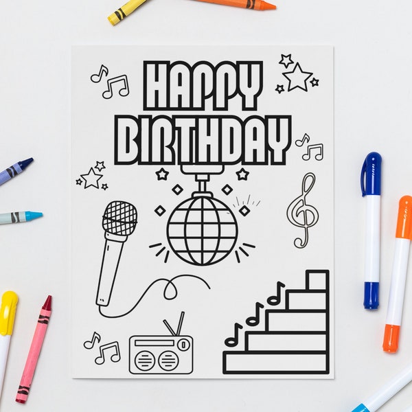 MICROPHONE Coloring Birthday Card - *PDF & PNG*- Printable - Digital Birthday Card - Printable Birthday Card - 4.25x5.5 (8.5x11 folded)