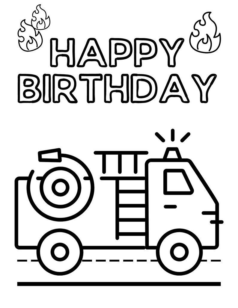 FIRETRUCK Coloring Birthday Card - *PDF & PNG*- Printable - Digital Birthday Card - Printable ...