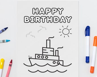 BOAT Coloring Birthday Card - *PDF & PNG*- Printable - Digital Birthday Card - Printable Birthday Card - 4.25x5.5 (8.5x11 folded)