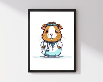 Cute Doctor Guinea Pig Art Print | Cute Digital Art Poster | Illustration | For Him, For Her | Printable Art | Wall Art | Digital Download