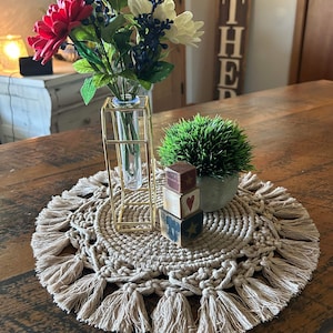 Macrame Centerpiece Mat, Cotton Woven Placemat, Boho, Trivet, Round, Table Decor