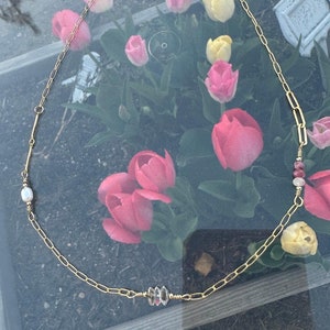 Pearl + Herkimer Diamond + Tourmaline gold filled necklace