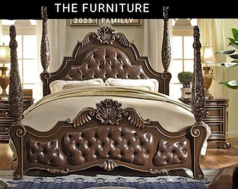 French Louis XVI Antique bed frame with tufted bed, king queen size bed  frame platform bed in victorian style