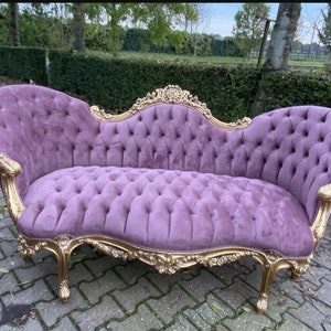 Settee Sofa Couch Loveseat  in French Louis XVI Corbeille of Gold Leaf Beech and Purple  Velvet from 1950 .