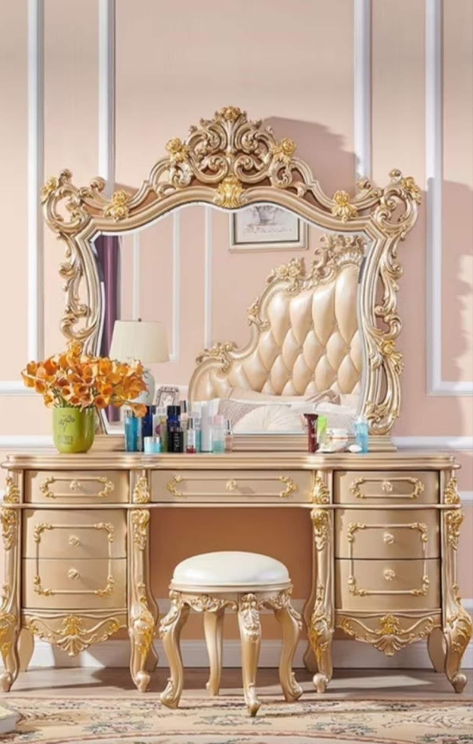 Handcrafted Vintage Dresser With Seat and Mirror/ French Vanity Desk