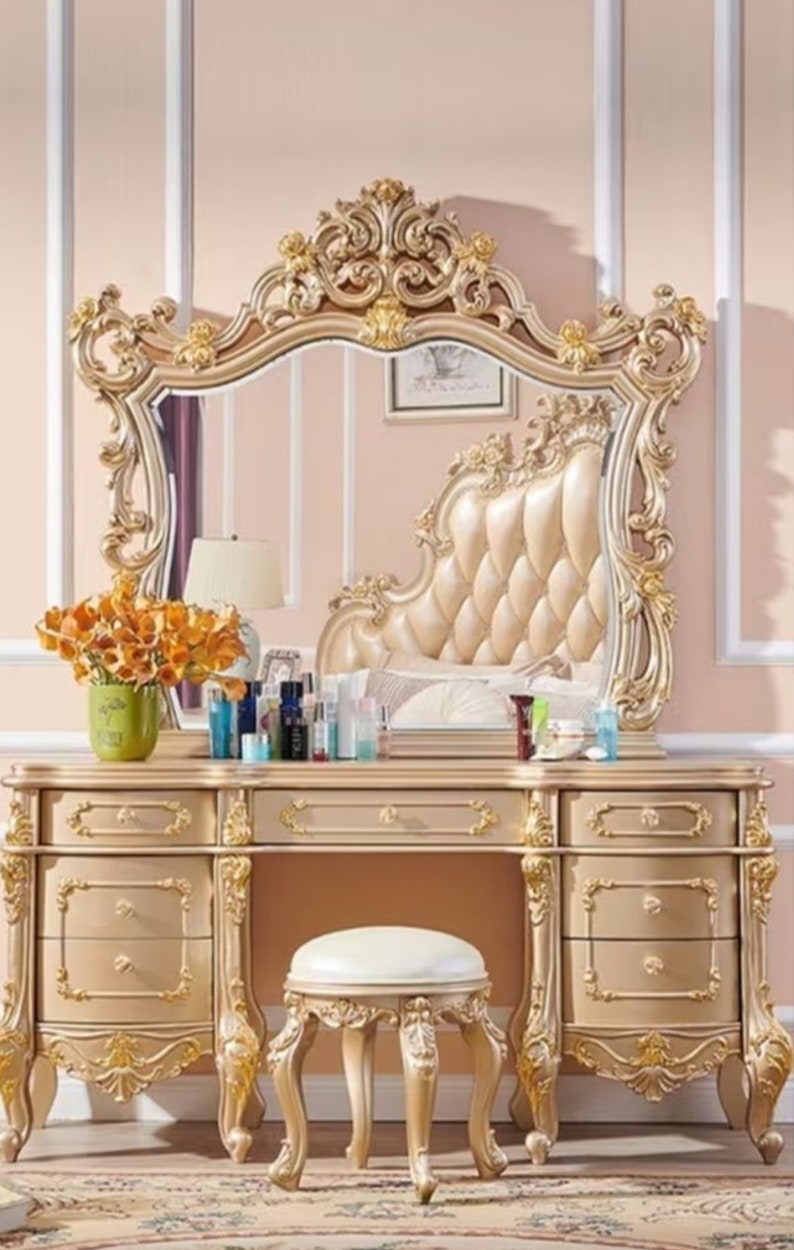 Handcrafted Vintage Dresser With Seat and Mirror/ French Vanity Desk