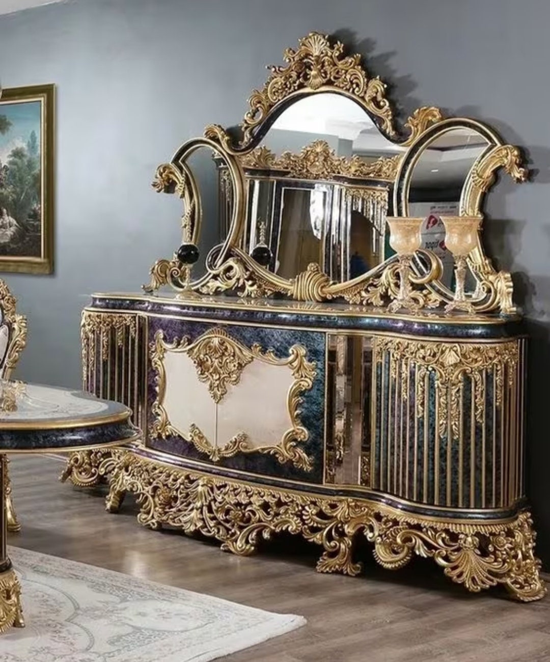 Handcrafted Vintage Dresser With Seat and Mirror, French Vanity Console