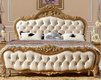 Victorian style Louis XVI Gold leaf and white tufted royal antique bed frame tuft bed Custom order