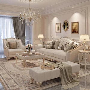 Louis XVI Style Sofa Set: Hand Carved Teak, Embroidered Fabric