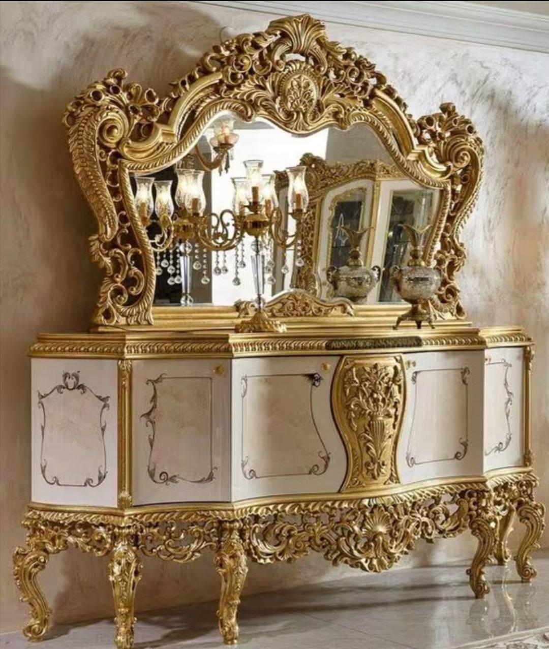 Handcrafted Vintage Dresser With Seat and Mirror/ French Vanity Desk