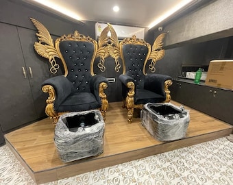 Gold Throne Chair Black Leather Chair French Tufted Chair Throne Black Leather Chair Tufted Gold Frame Throne Chair Rococo.