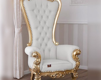 Luxurious Teak Wood High Back throne Gold Leaf & Buttons Chair A-2