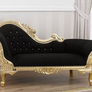 French Style Pune Settee Sofa/ Victorian Style Chaise Lounge/ Antique aged Wood Finish /Hand Carved Wood Frame/ Tufted Velvet