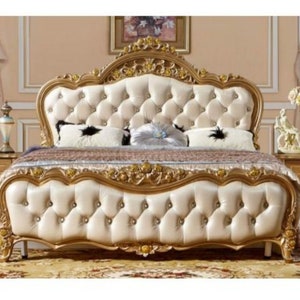 Victorian Tufted Bed Frame: Louis XVI Gold Leaf Antique Style