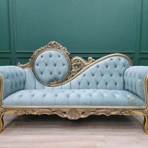 1*Left French Style Pune Settee Sofa/Victorian Style Chaise Lounge/Antique aged Wood Finish /Hand Carved Wood Frame/Tufted Mint Green Velvet