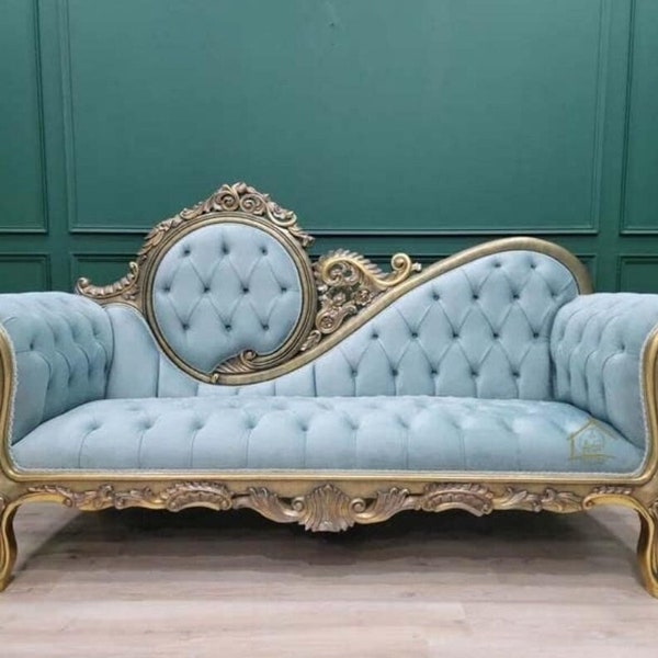 French Style Pune Settee Sofa/ Victorian Style Chaise Lounge/ Antique aged Wood Finish /Hand Carved Wood Frame/ Tufted Mint Green Velvet