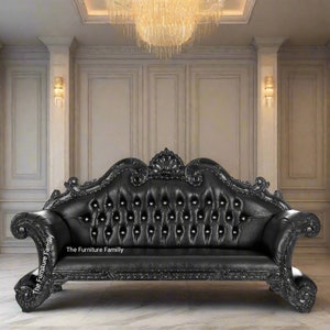 Französisches Pune Sofa im Stil Louis XV / Chaise Lounge im viktorianischen Stil / Antikes Holzfinish / Handgeschnitzter Holzrahmen / Getufteter schwarzer Samt