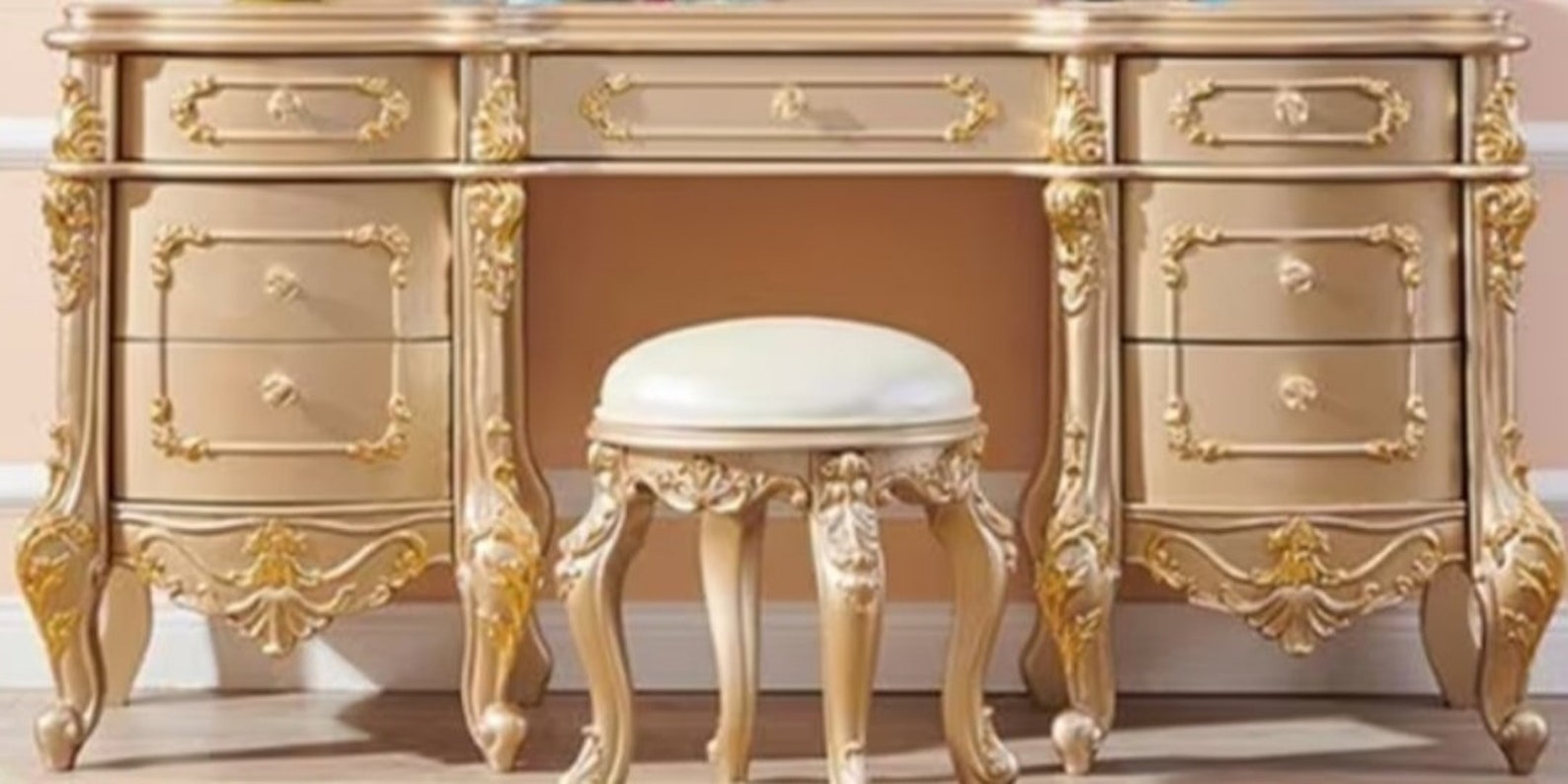 Handcrafted Vintage Dresser With Seat and Mirror/ French Vanity Desk