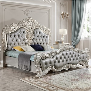 Antique Silver Gray Tufted Bed: Carved Teak Wood, Royal French Style