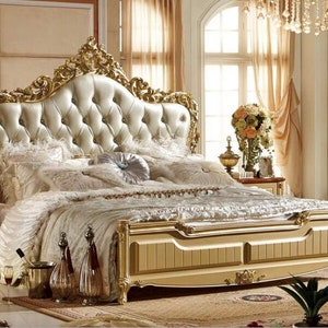 Victorian style Louis XVI Gold leaf and white tufted royal antique bed frame tuft bed Custom order