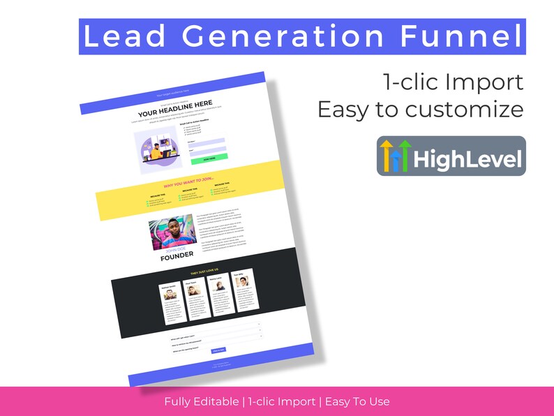 May include: A blue, yellow, and white lead generation funnel template for the HighLevel platform. The template features a headline, a form, and a section about the founder. The text on the template reads "Lead Generation Funnel", "Your Headline Here", "Why You Want to Join", "Founder", and "Fully Editable | 1-clic Import | Easy To Use".
