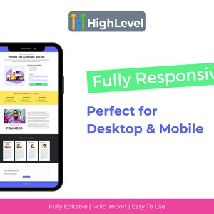 May include: A mobile phone screen displaying a website landing page with a blue and yellow color scheme. The page features a headline, "YOUR HEADLINE HERE", a form, and a section titled "FOUNDER". The website is designed to be fully responsive for both desktop and mobile devices.