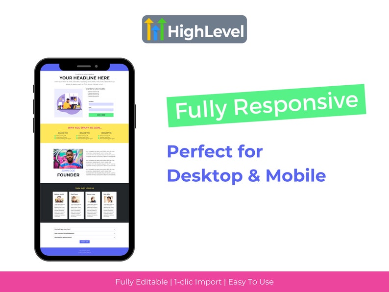 May include: A mobile phone screen displaying a website landing page with a blue and yellow color scheme. The page features a headline, "YOUR HEADLINE HERE", a form, and a section titled "FOUNDER". The website is designed to be fully responsive for both desktop and mobile devices.
