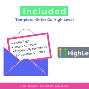 May include: A blue envelope with a pink card inside. The card lists the items included in a template kit for Go High Level: an optin page, a thank you page, and a design that is fully responsive for desktop and mobile devices. The image also includes a gray rectangle with the text "HighLevel" and an upward-pointing arrow with yellow, green, and blue colors.
