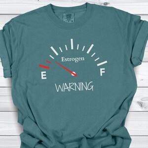 May include: Teal-colored t-shirt with a gauge graphic. The gauge reads "Estrogen" with a needle pointing towards "E" and the word "WARNING" below. The shirt is a Comfort Colors brand.