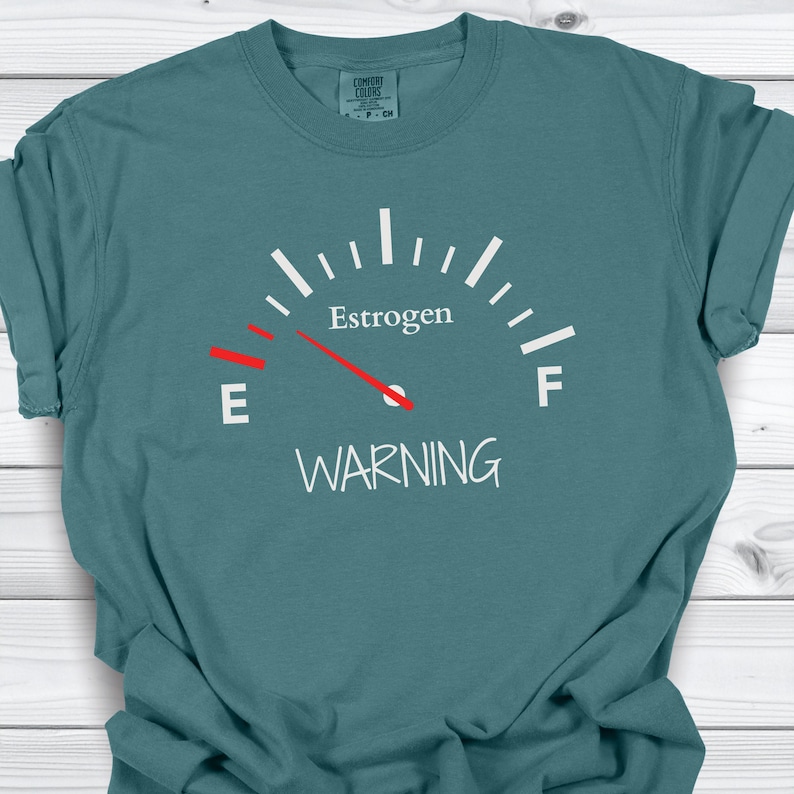 May include: Teal-colored t-shirt with a gauge graphic. The gauge reads "Estrogen" with a needle pointing towards "E" and the word "WARNING" below. The shirt is a Comfort Colors brand.