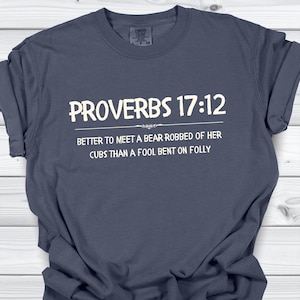 May include: A slate blue short-sleeved t-shirt featuring white text that reads PROVERBS 17:12, followed by the quote: BETTER TO MEET A BEAR ROBBED OF HER CUBS THAN A FOOL BENT ON FOLLY. The shirt has a crew neckline and a Comfort Colors brand label.