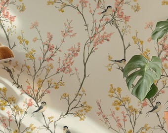 Cottagecore Bird Wallpaper, Floral Wall Mural, Peel and Stick