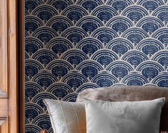 Japanese Wave Peel and Stick Wallpaper, Navy Blue Art Deco
