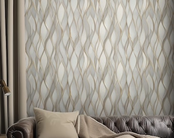 Neutral Abstract Waves Peel and Stick Wallpaper, Beige Cream, Gold Accent