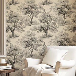 Beige toilebehang – vintage botanische landschapsmuurschildering, neutrale Franse stijl