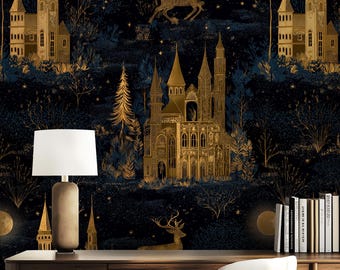 Papel pintado autoadhesivo de castillo fantástico, mural azul y dorado