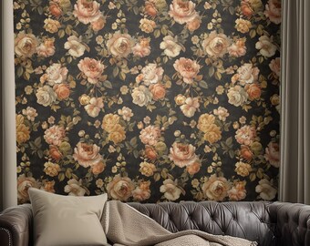 Dark Floral Wallpaper, Vintage Rose Mural, Moody Peel and Stick Wall