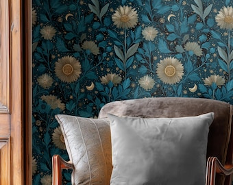 Dark Iris & Moon Wallpaper – Celestial Botanical Wall Mural