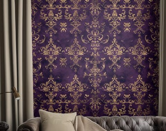 紫の花柄ダマスク壁紙、高級バロック調壁紙、紫と金のダマスク柄の貼っ