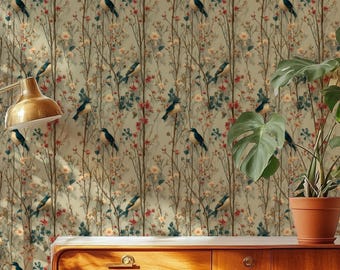 Chinoiserie Bird Wallpaper, Floral Vintage Wall Mural, Elegant Peel and Stick Wallpaper