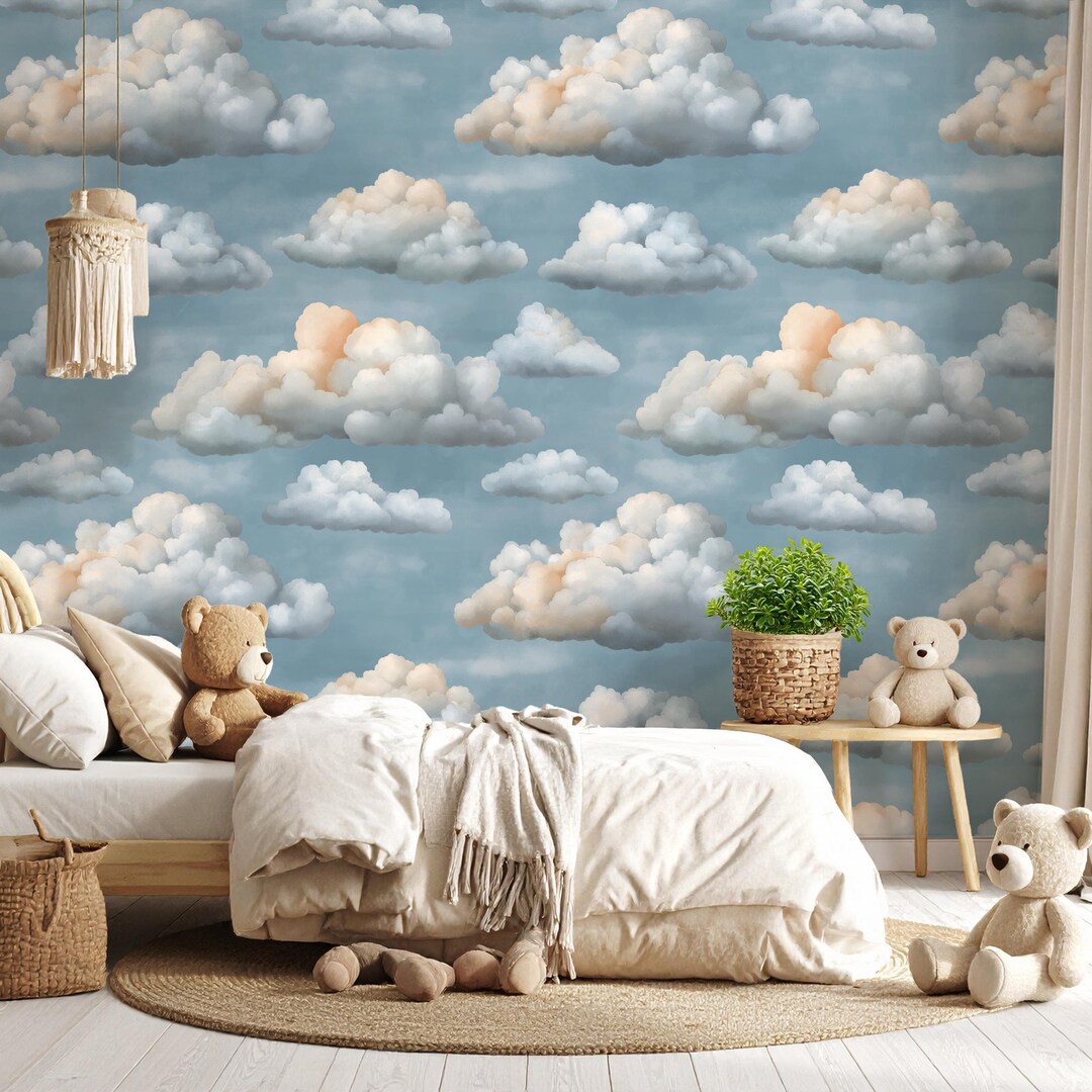 Blue Cloud Wallpaper – Soft Sky Wall Mural – Pastel Nursery Peel and ...