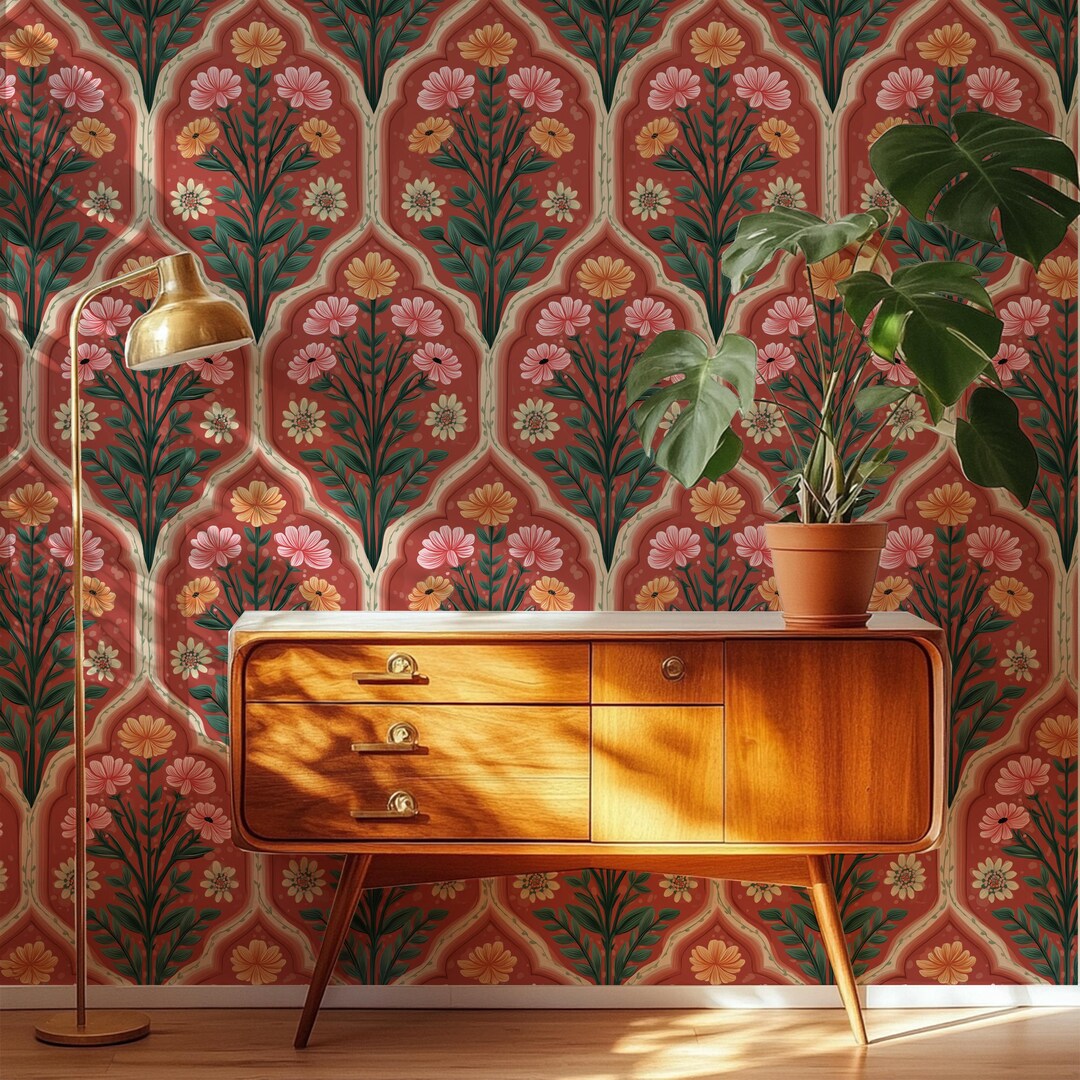 Terracotta Floral Wallpaper, Boho Folk Botanical Pattern, Vintage Home