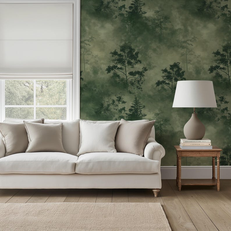 Forest Mist Wallpaper, Green Fog Tree Wall Mural, Peel and Stick Forest