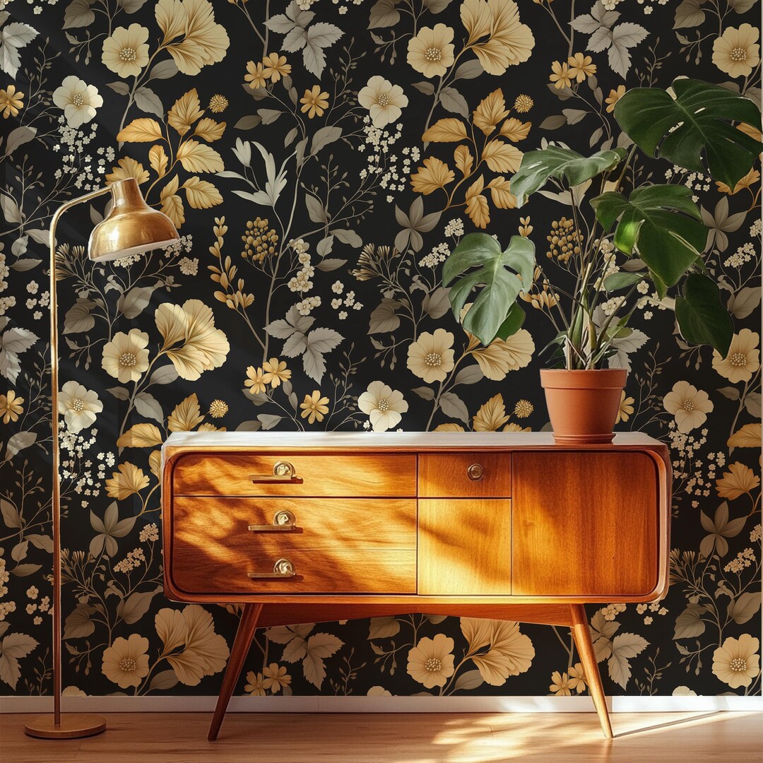 Black Floral Peel and Stick Wallpaper, Golden Botanical Wall Mural - Etsy